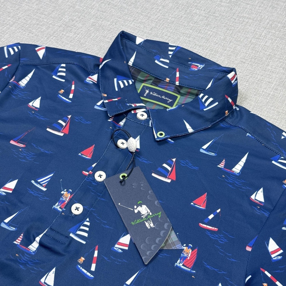 William Murray Sailaway Polo Golf Shirt Mens Small Blue Boat Print Stretch